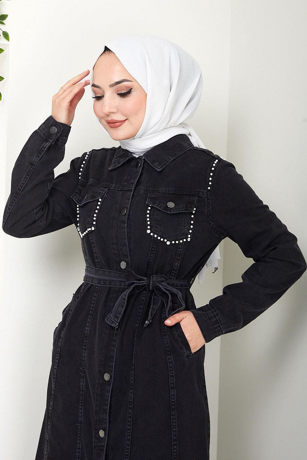 İncili Düğmeli Kot Elbise Siyah HM2457 - 6