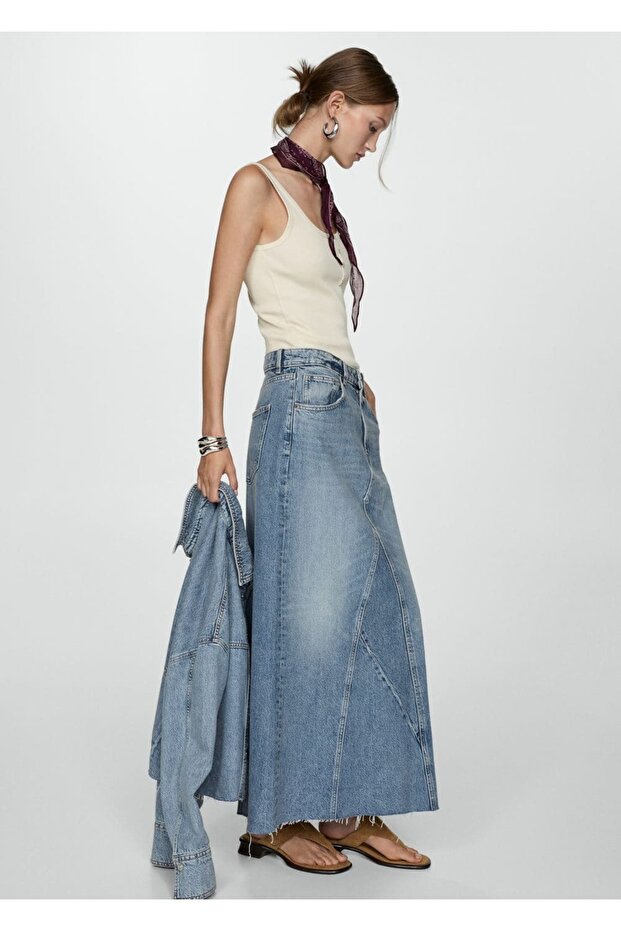 Yırtmaçlı denim etek - 6