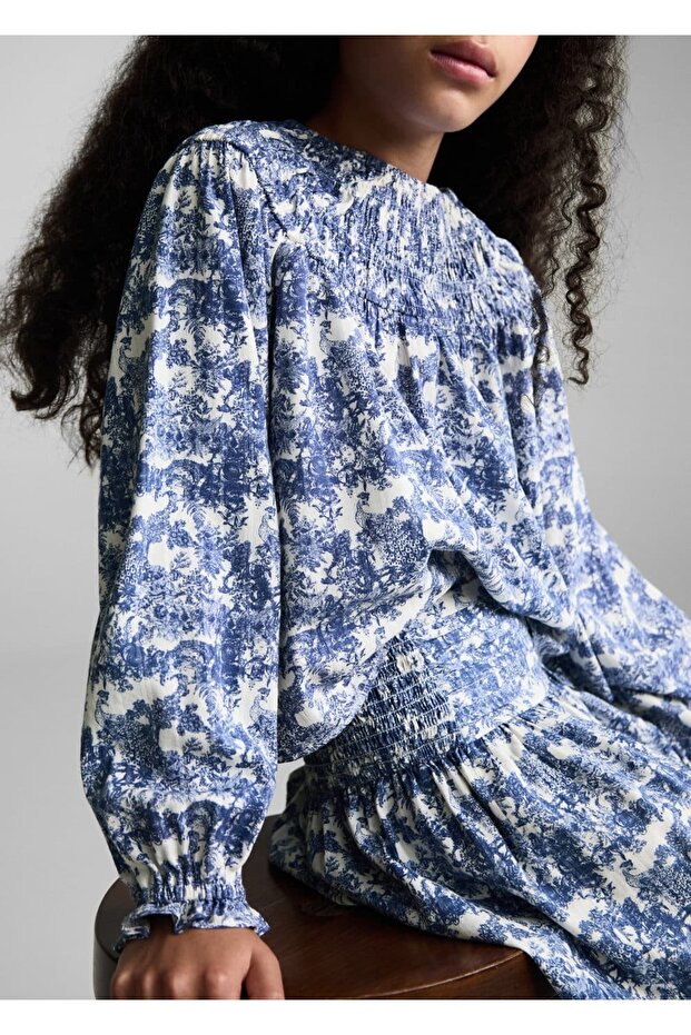 Geraffte, gemusterte Bluse - 1