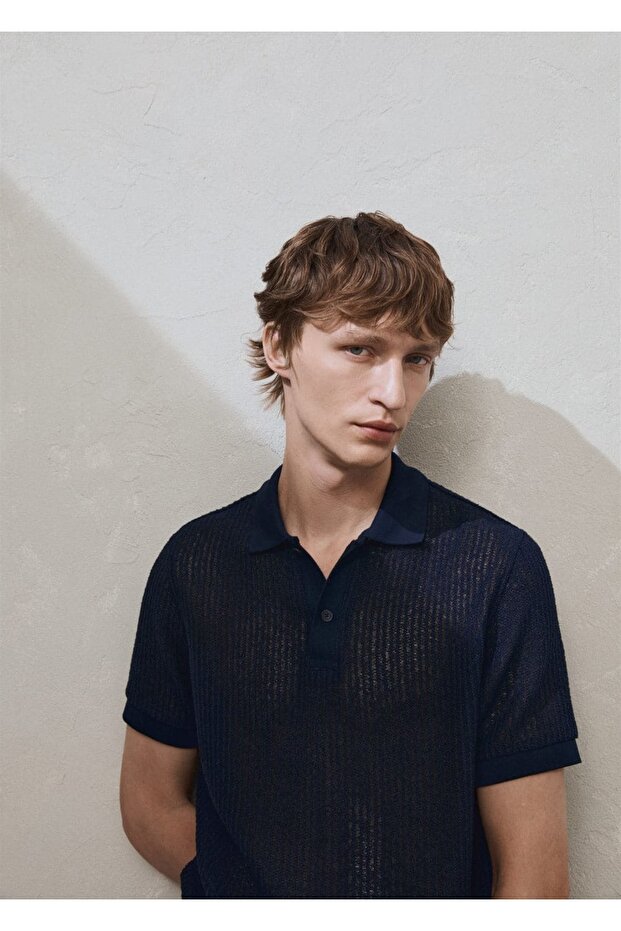 Normal geschnittenes, durchbrochenes Strickpoloshirt - 6