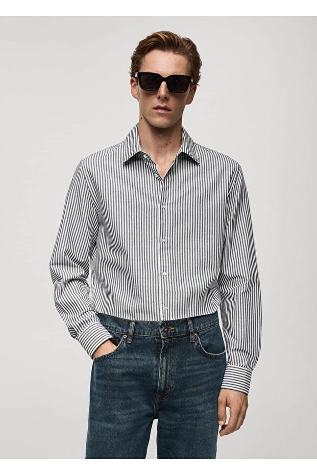 Gestreiftes Baumwoll-Leinenhemd mit normaler Passform - 1