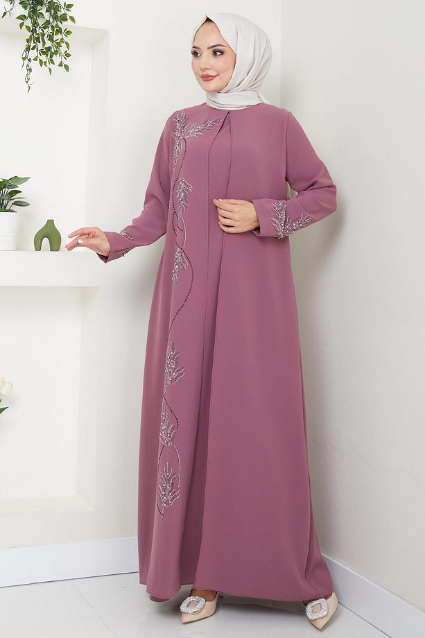 Büyük Beden Yaprak Taşlı Anne Elbisesi Gül Kurusu HM2350 - 4