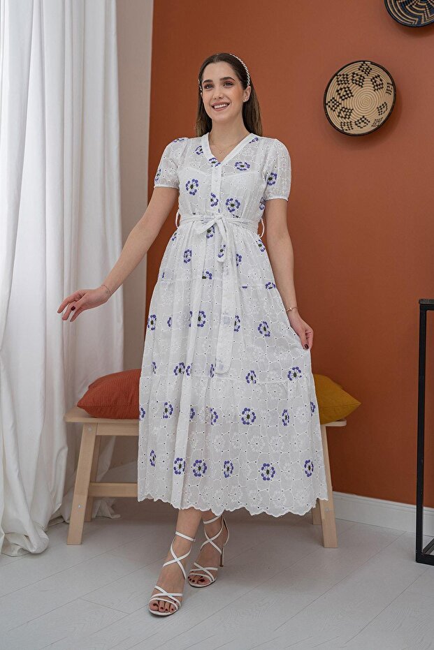 Purple Patterned Long Scallop Dress