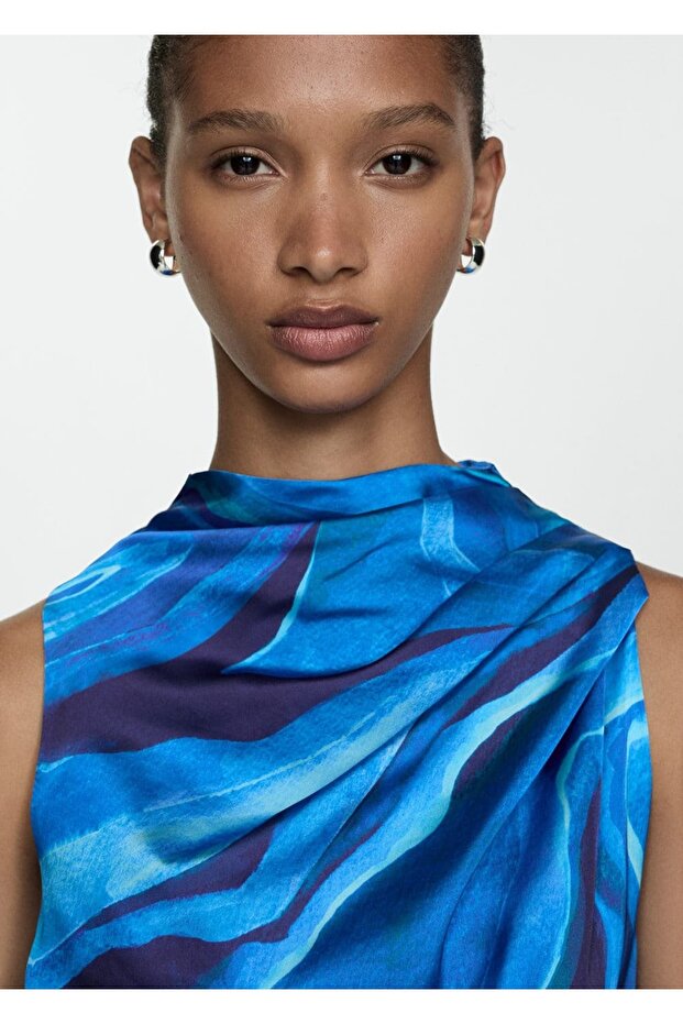 Patterned Satin Dress with Drape Collar - 4