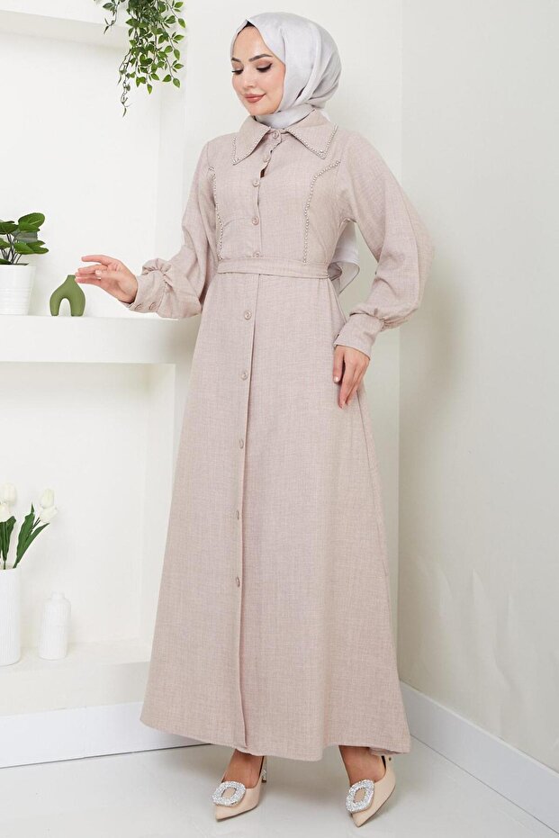 Boncuklu Sofia Elbise Vizon HM2476 - 3