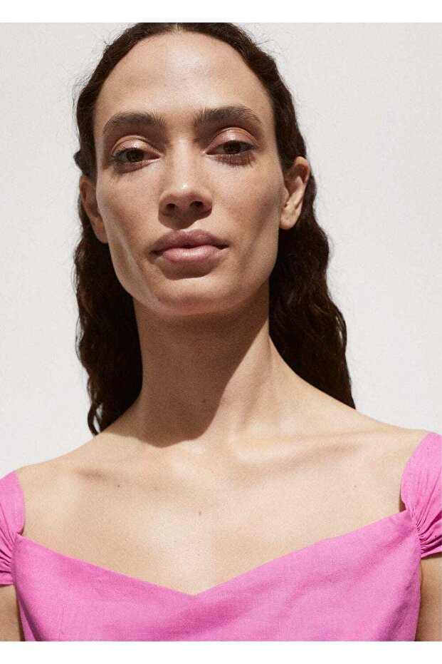 Kayık Yaka Keten Elbise - 6