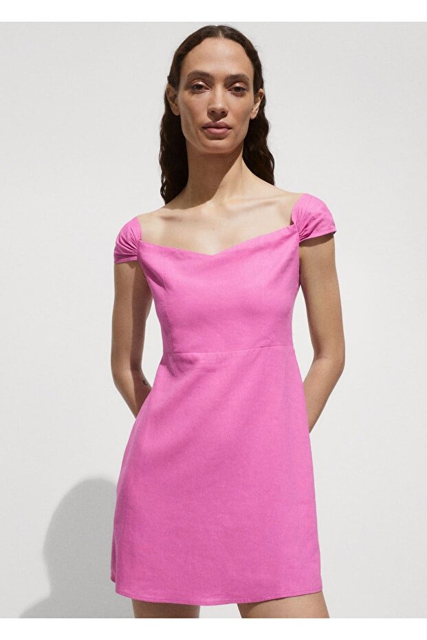 Kayık Yaka Keten Elbise - 1