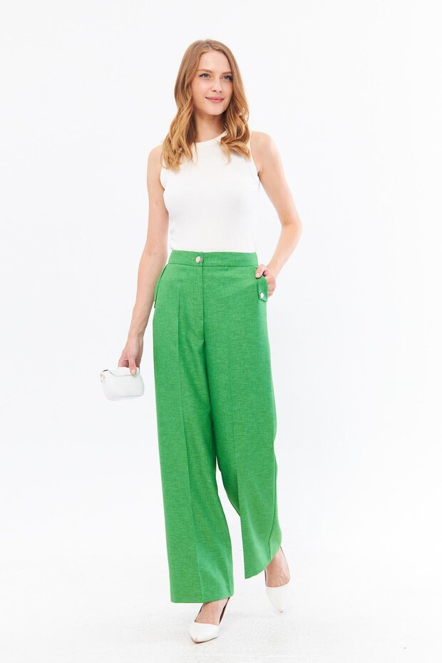 Cep Detay Keten Pantolon Yeşil - 1