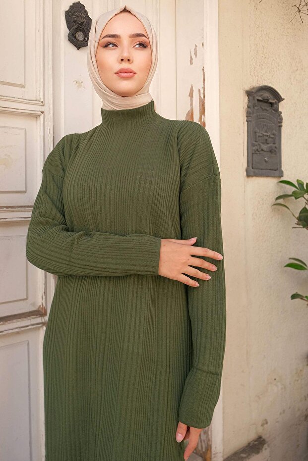 Fitilli Triko Elbise Haki HM2247 - 2