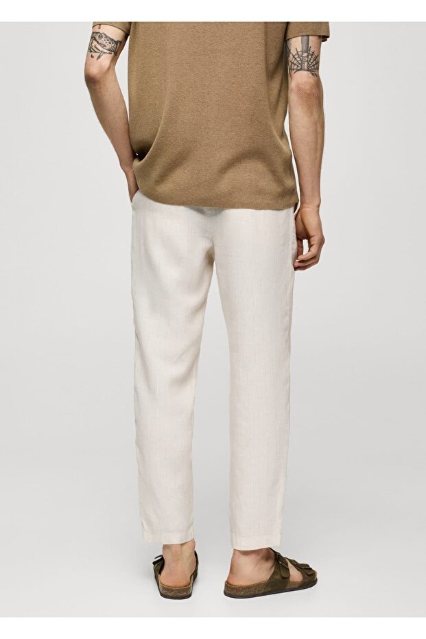 100% Linen Striped Drawstring Pants - 4