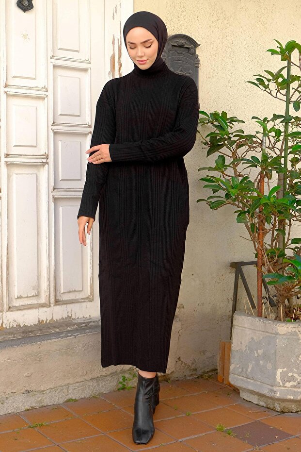 Fitilli Triko Elbise Siyah HM2247 - 3