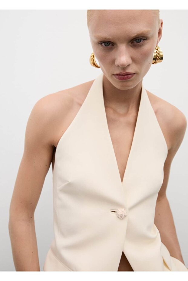 Mücevher Düğmeli Halter Yaka Yelek - 8