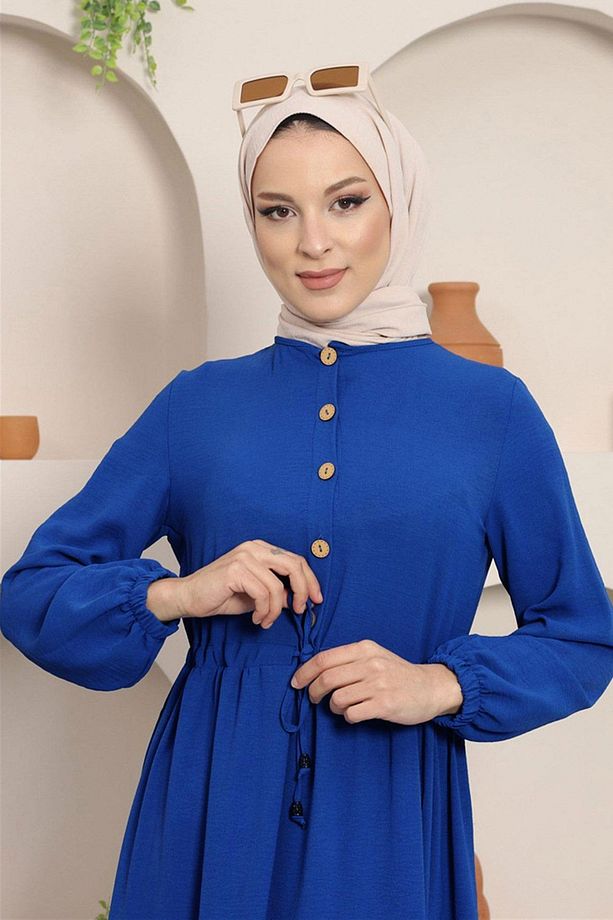 Büzgülü Düğmeli Ayrobin Elbise Saks HM8811 - 5