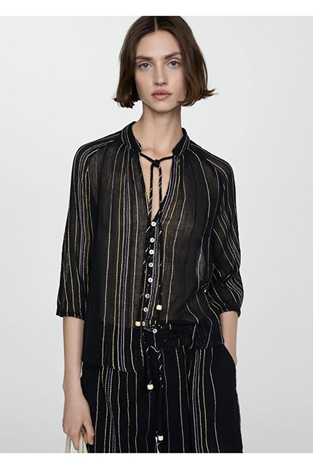 Fiyonklu çizgili bluz - 1