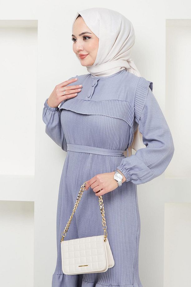 Düğmeli Piliseli Elbise Gri HM2364 - 4