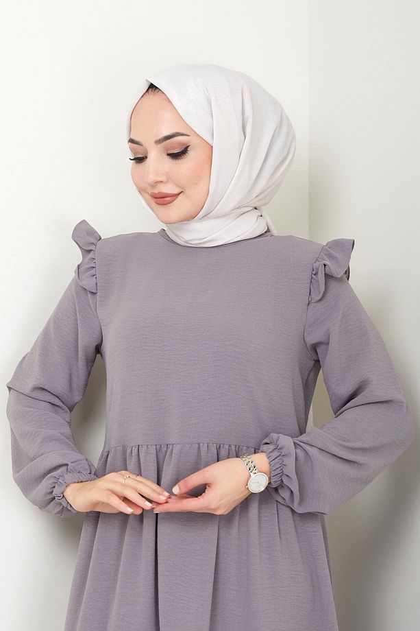 Omuzu Fırfırlı Ayrobin Tesettür Elbise Gri HM2062 - 6