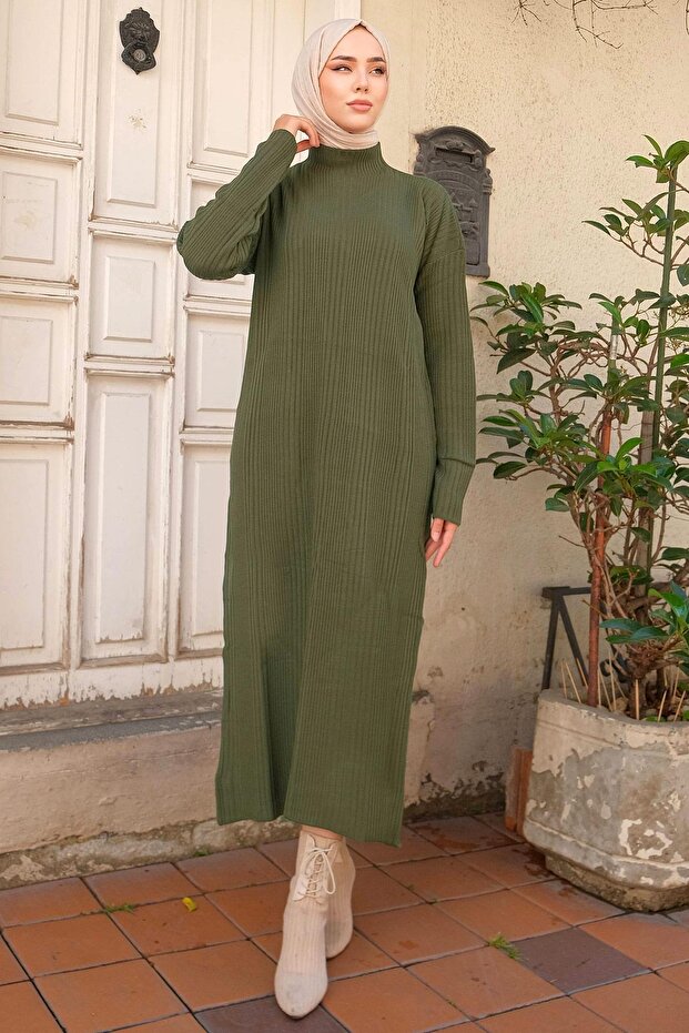 Fitilli Triko Elbise Haki HM2247 - 1