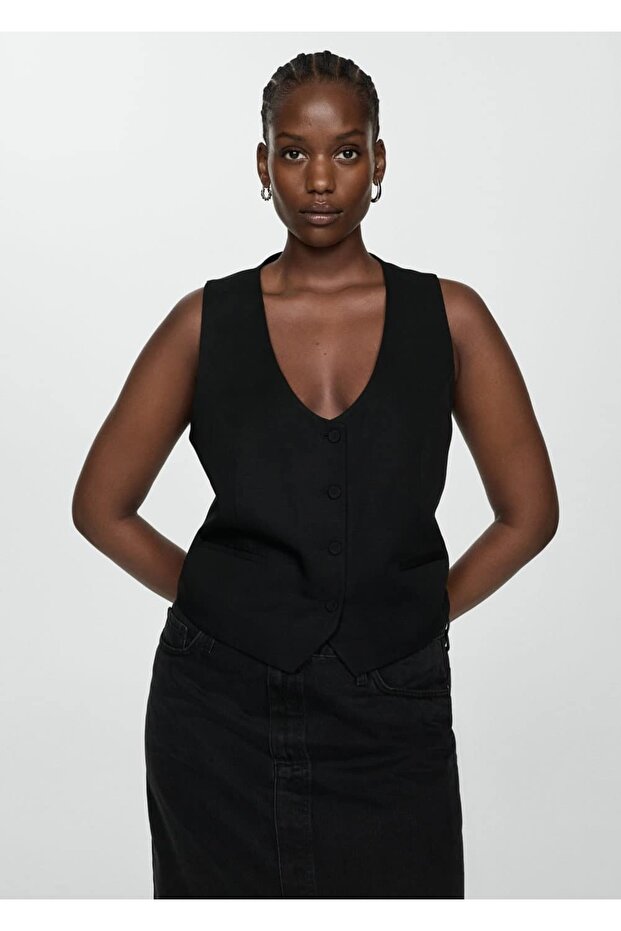 Düğmeli Keten Yelek - 6