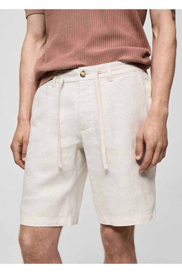 %100 keten beli büzgü ipli bermuda şort - 8