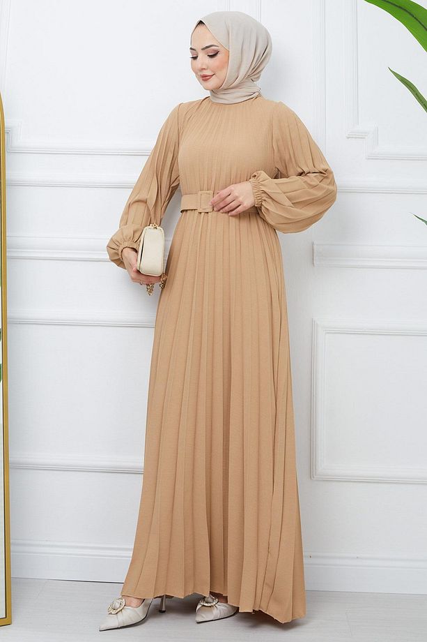 Kemerli Piliseli Aerobin Elbise Camel HM2339 - 4