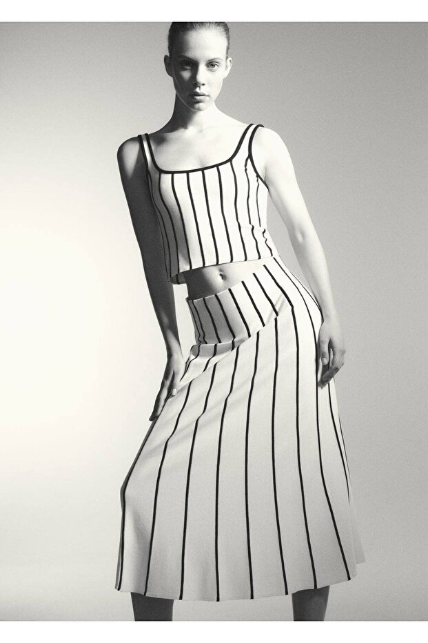 Çizgili triko crop bluz - 7