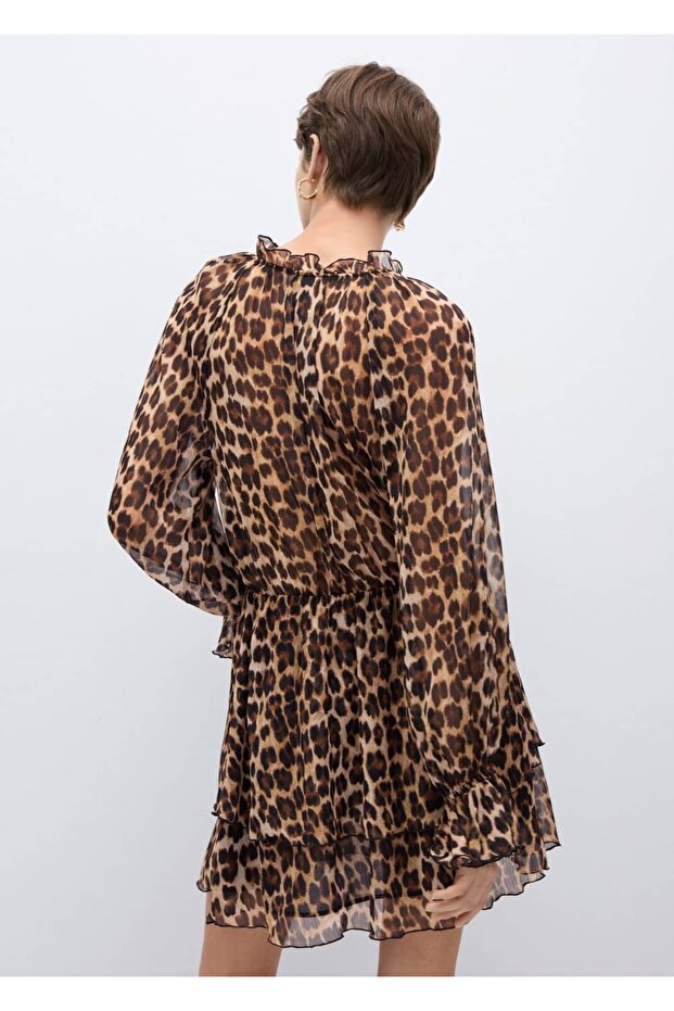 Leopar desenli evaze elbise - 4
