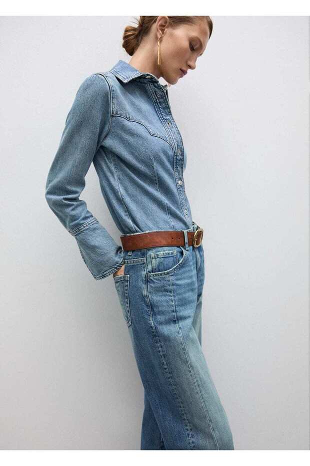 Dikişli denim gömlek - 4