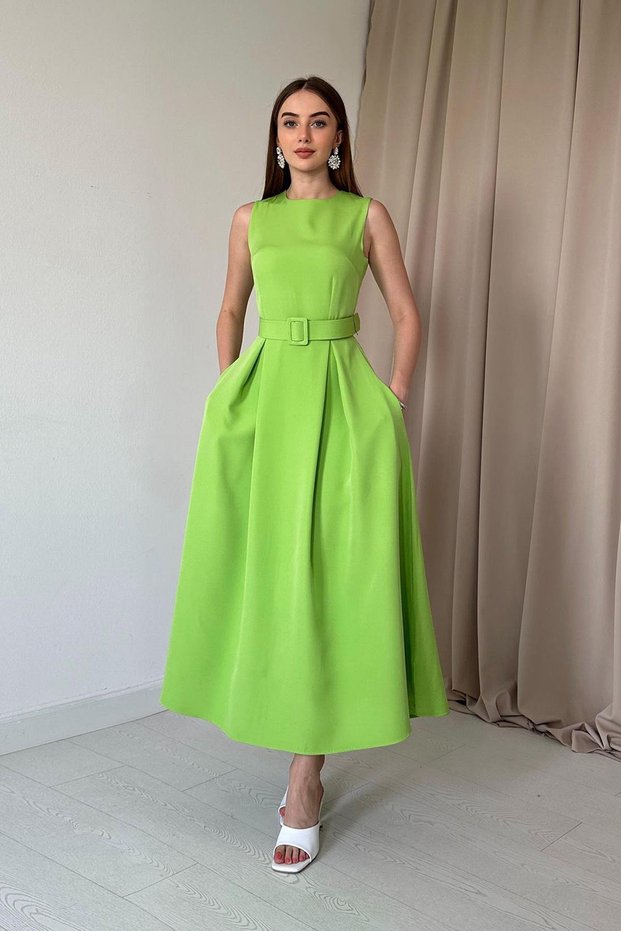 Pistachio Green Halter Neck Flared Dress