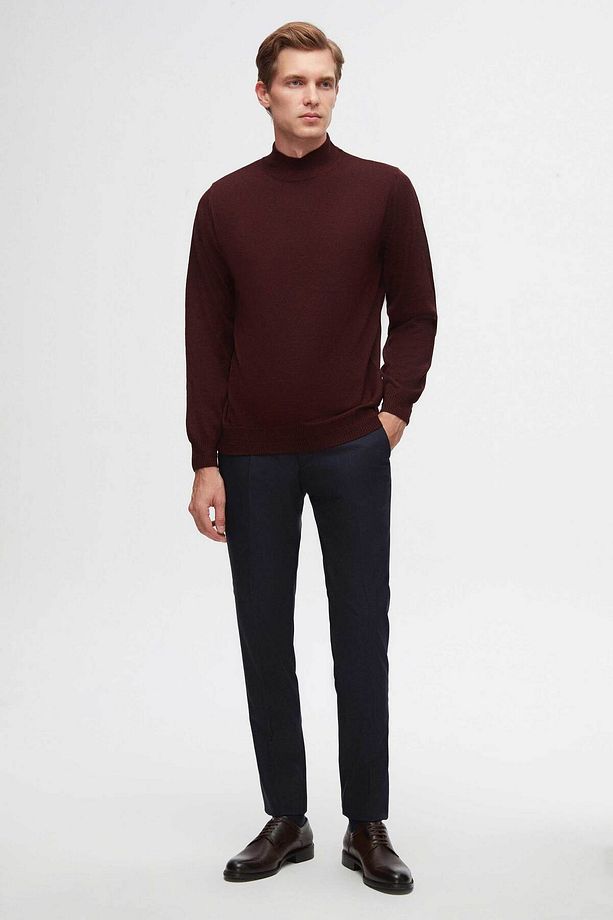 Regular Fit Bordo Düz Örgü Yarım Balıkçı Yünlü Triko Kazak - 5