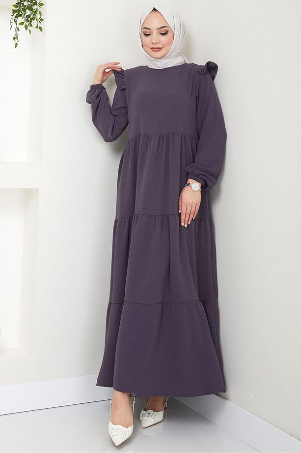Omuzu Fırfırlı Ayrobin Tesettür Elbise Füme HM2062 - 4