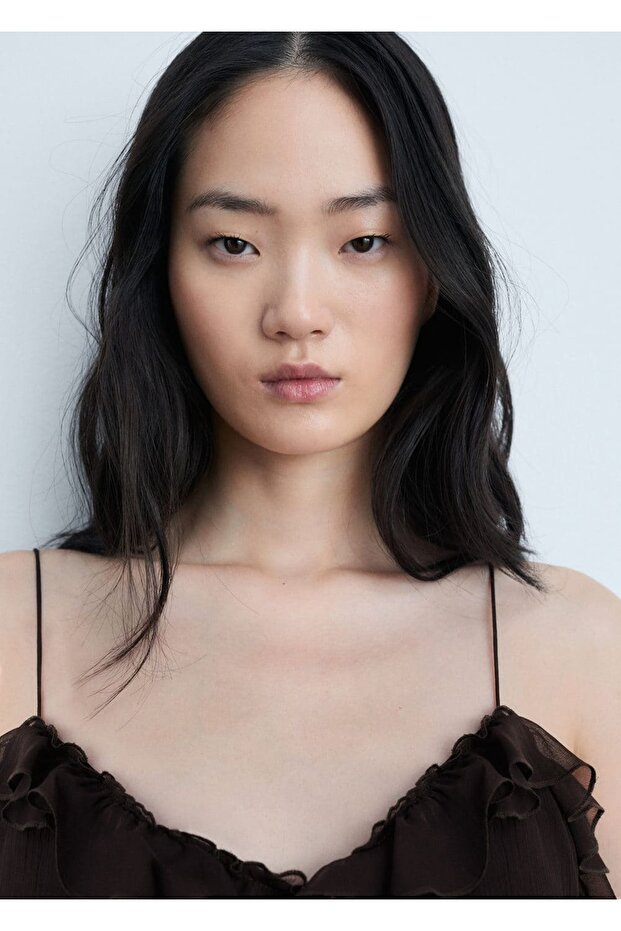 Volanlı askılı şifon elbise - 7