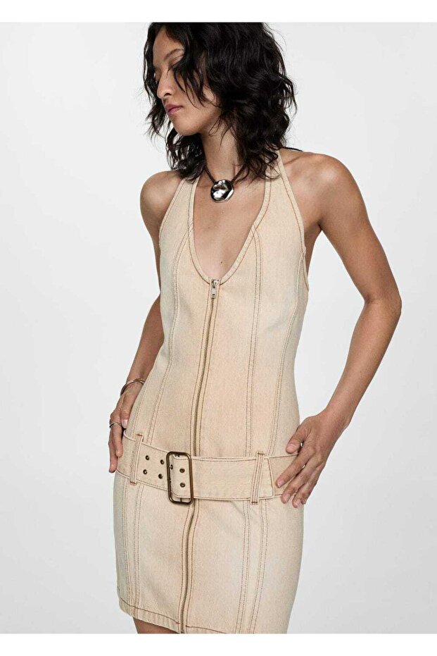 Kemerli denim elbise - 1