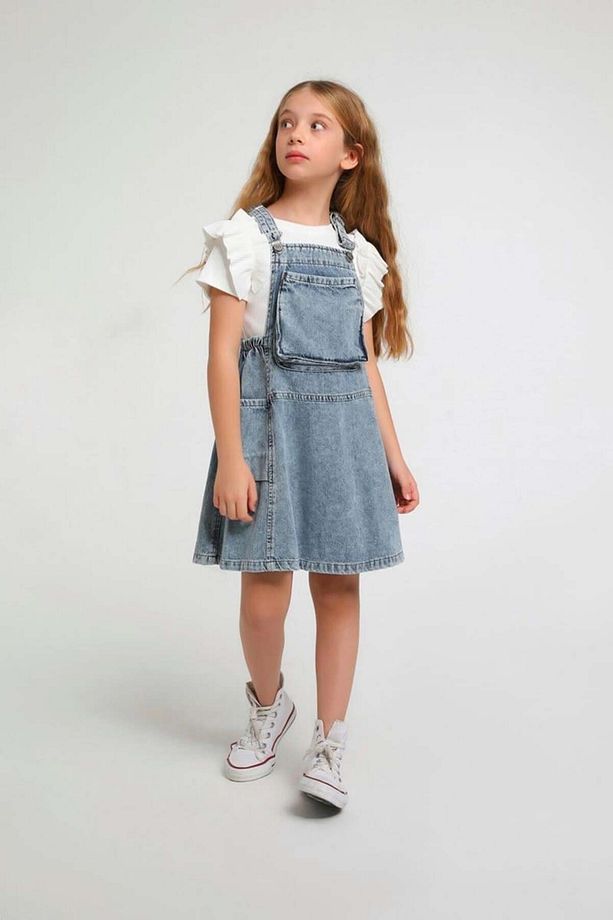 04-14 Yaş Kız Çocuk Kot Mavisi Renk Önü Cepli Denim Elbise - 1