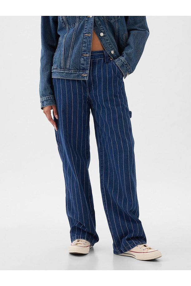 Kadın Koyu Mavi Mid Rise '90s Loose Çizgili Carpenter Jean Pantolon - 7