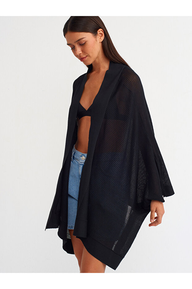 60232 Kimono Sleeve Asymmetrical Knitwear Cardigan-Black