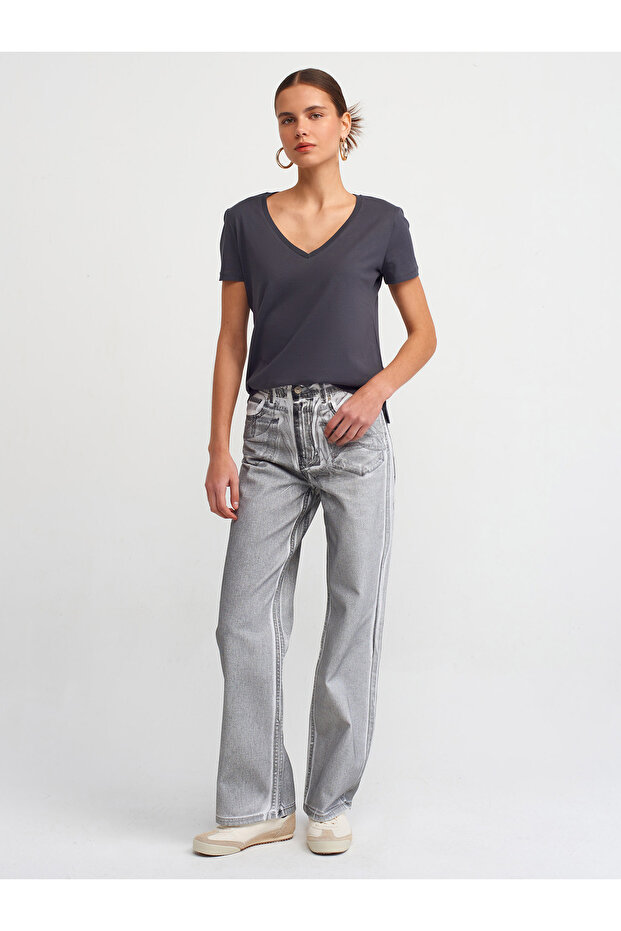 3470 V Yaka Basic T-Shirt-Antrasit - 1