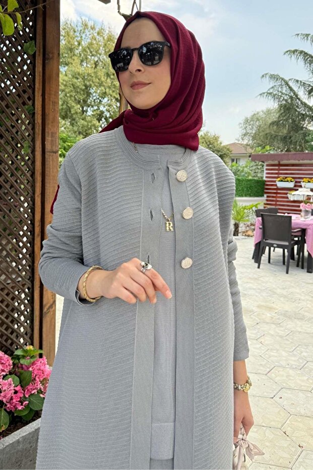 Sinem Çelik Örme Triko Hırka Gri - 4