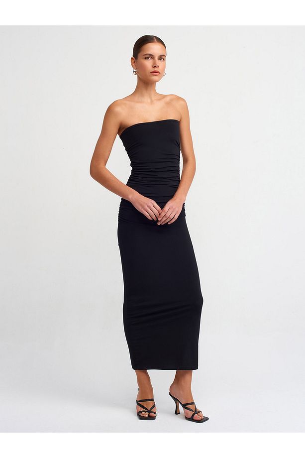 90865 Straplez Drapeli Midi Elbise-Siyah - 3
