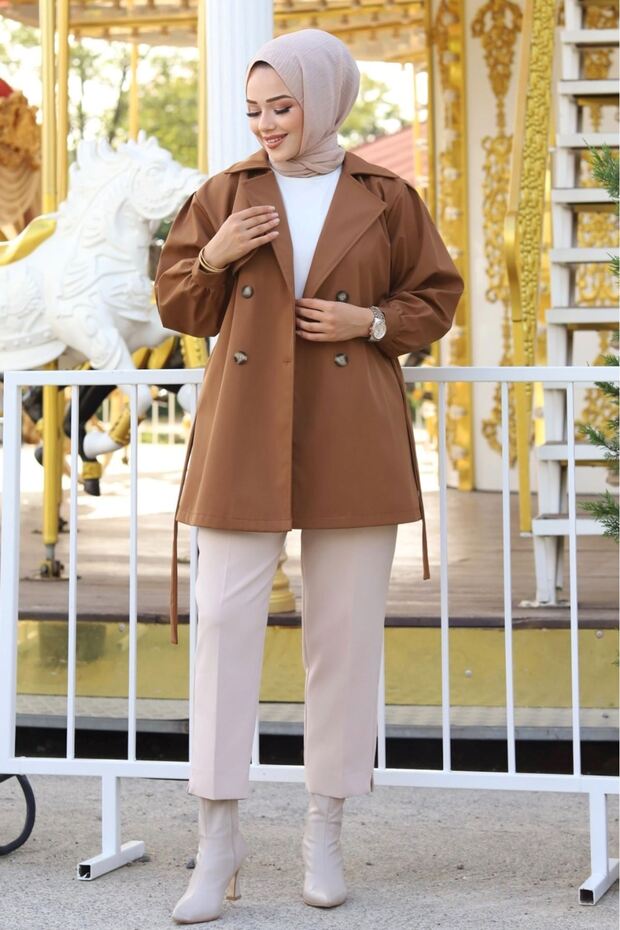 Double Breasted Collar Trench Coat with Button Detail on the Front