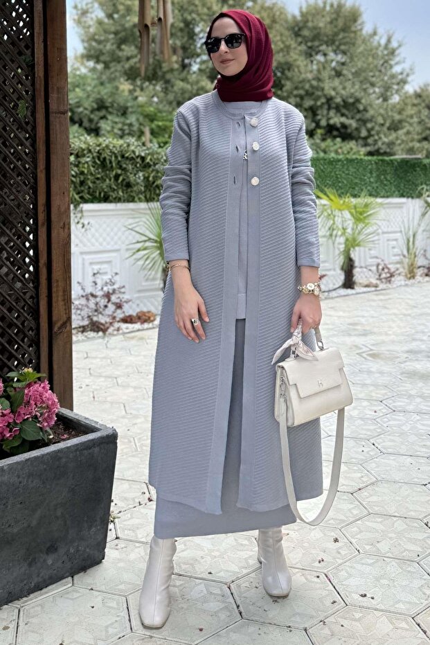 Sinem Çelik Örme Triko Hırka Gri - 1