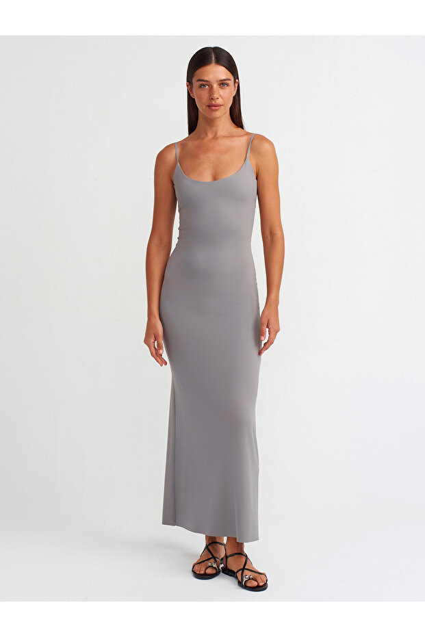 91174 Polyamide Gray Midi Strap Dress