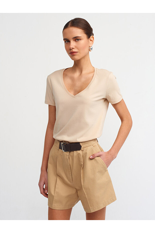3470 V Yaka Basic T-Shirt-Açık Bej - 4