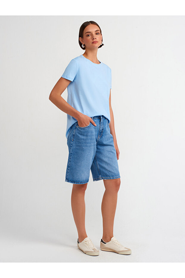 3471 Bisiklet Yaka Basic T-Shirt-Açık Mavi - 4