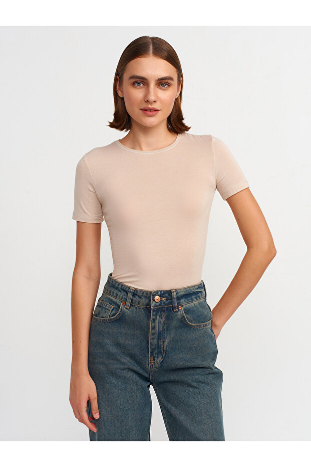 30747 Bisiklet Yaka Basic T-shirt-Bej - 1