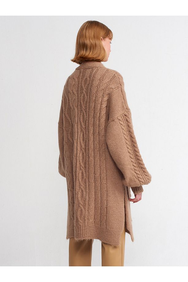60194 V Yaka Tek Düğmeli Cepli Triko Hırka-Camel - 2