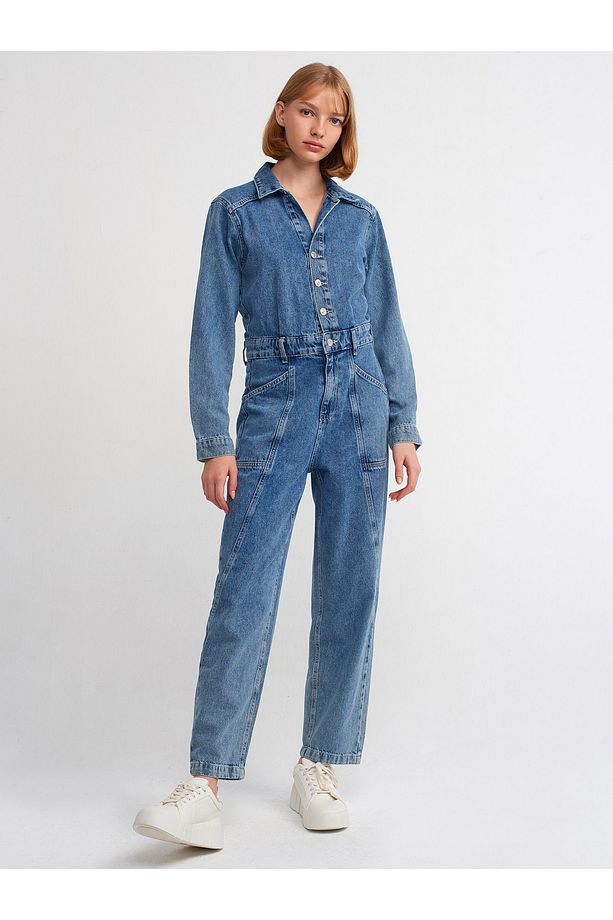 71362 Önü Parçalı Kar Yıkama Jean Tulum-Mavi - 3