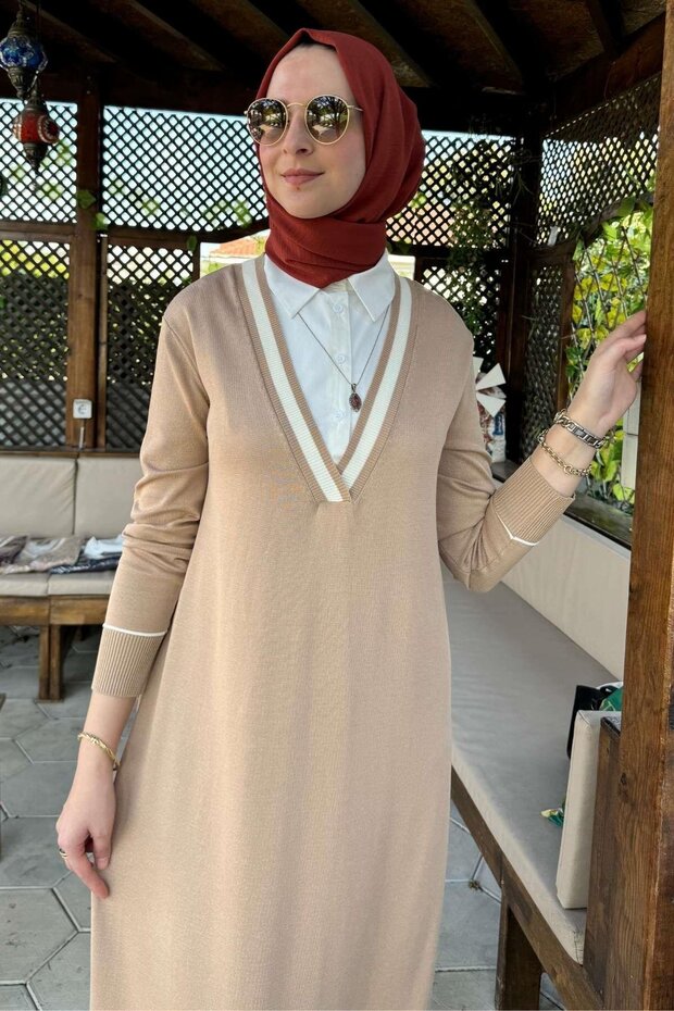 Eylül Gömlekli Triko Elbise Bej - 3