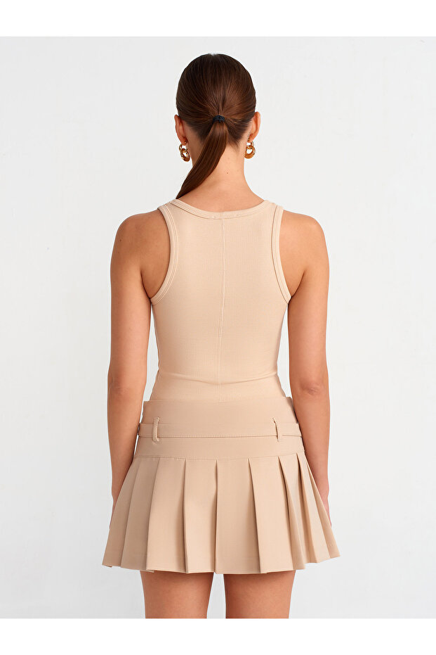 80836 Kalın Pilili Şort Etek-Bej - 2