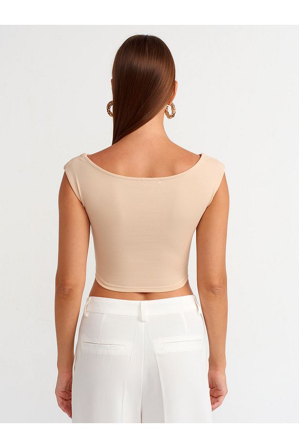 20869 Kayık Yaka Crop Top-Açık Bej - 2