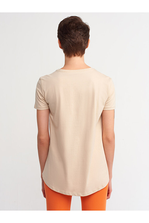 3471 Bisiklet Yaka Basic T-shirt-bej - 4